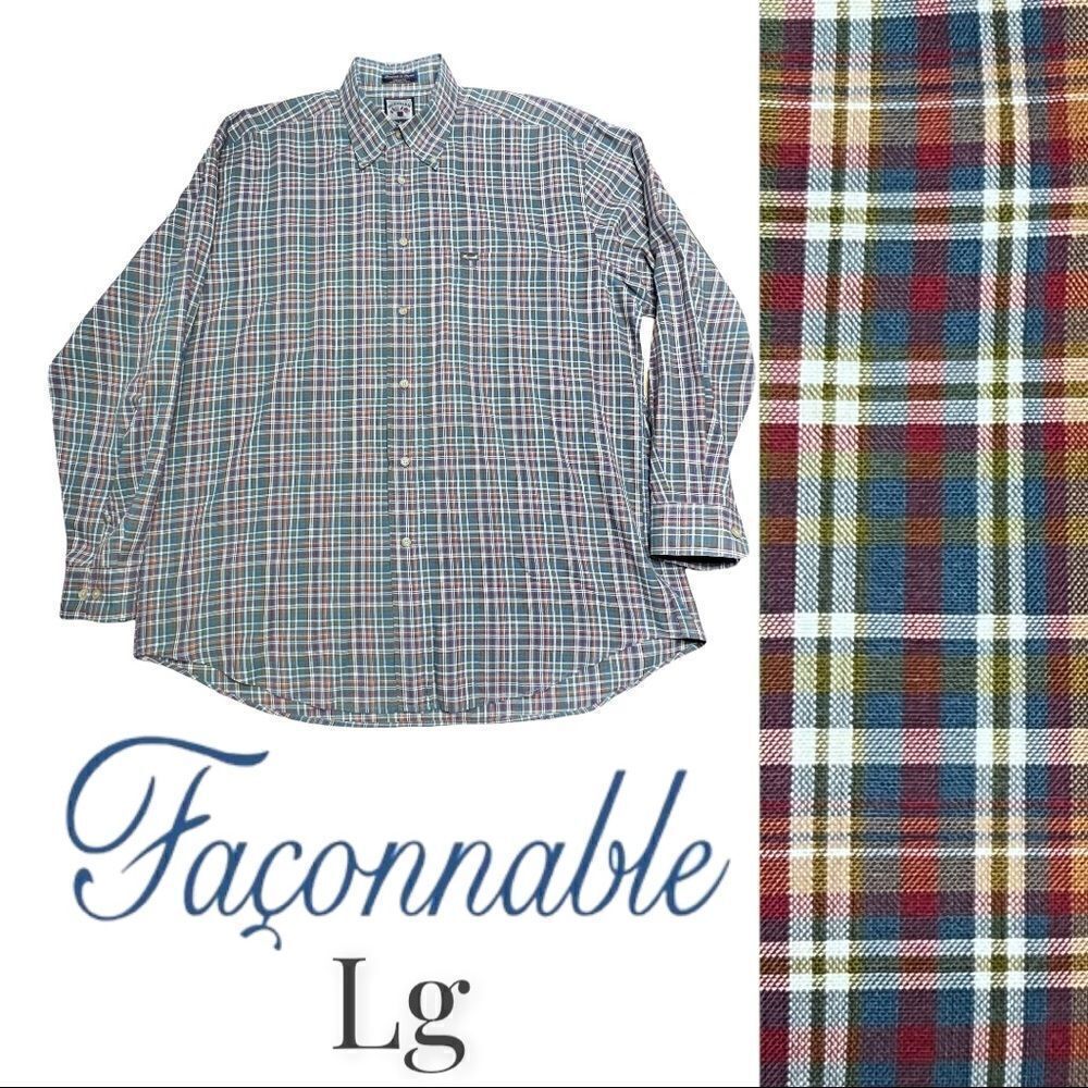 Men’s Large Faconnable Plaid LS Button Down Green Burgundy Blue & Brown.